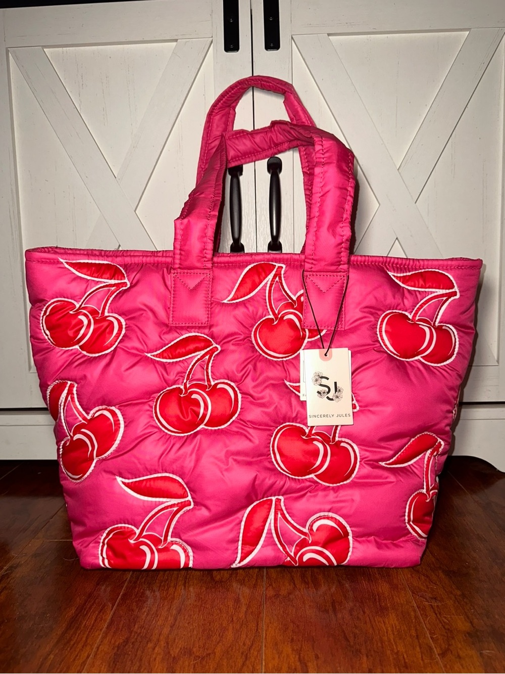 Sincerly Jules Pink Cherry Quilted Tote Bag